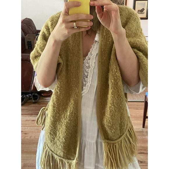 Vintage Fuzzy Knit Mustard Yellow Shawl Tie Side - Picture 2 of 9